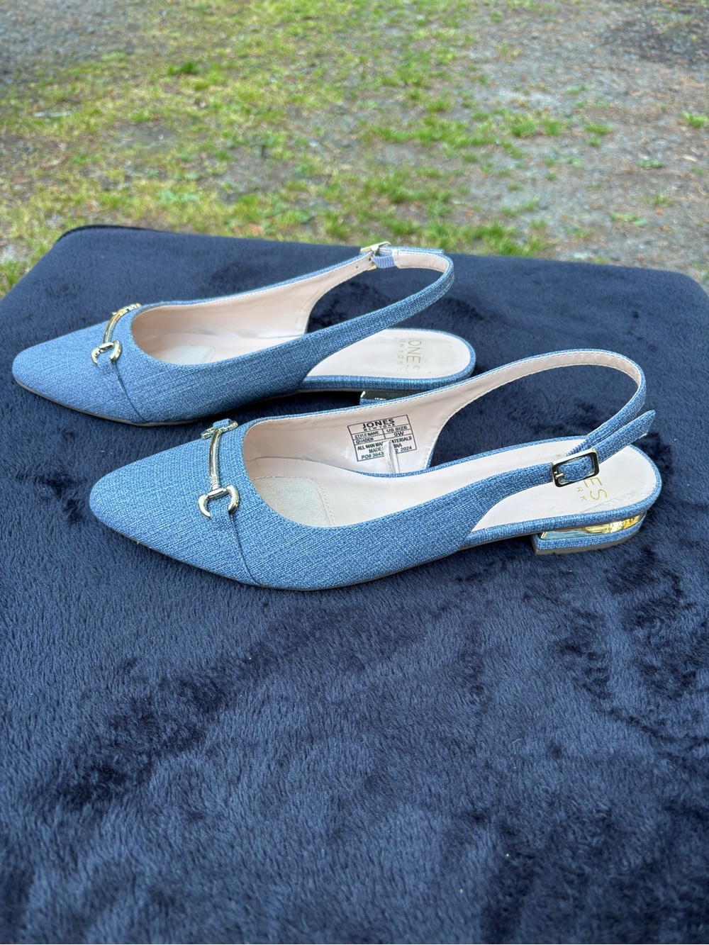Jones New York Quaden Slingback Flats 9W Blue Denim Gold Horsebit Pointed Toe